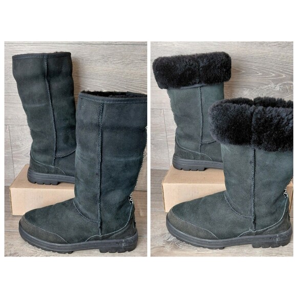 UGG Boots Ultra Tall Tasman Braid Womens 7 Black Sheepskin Wool Shearling 5245 - Picture 1 of 16